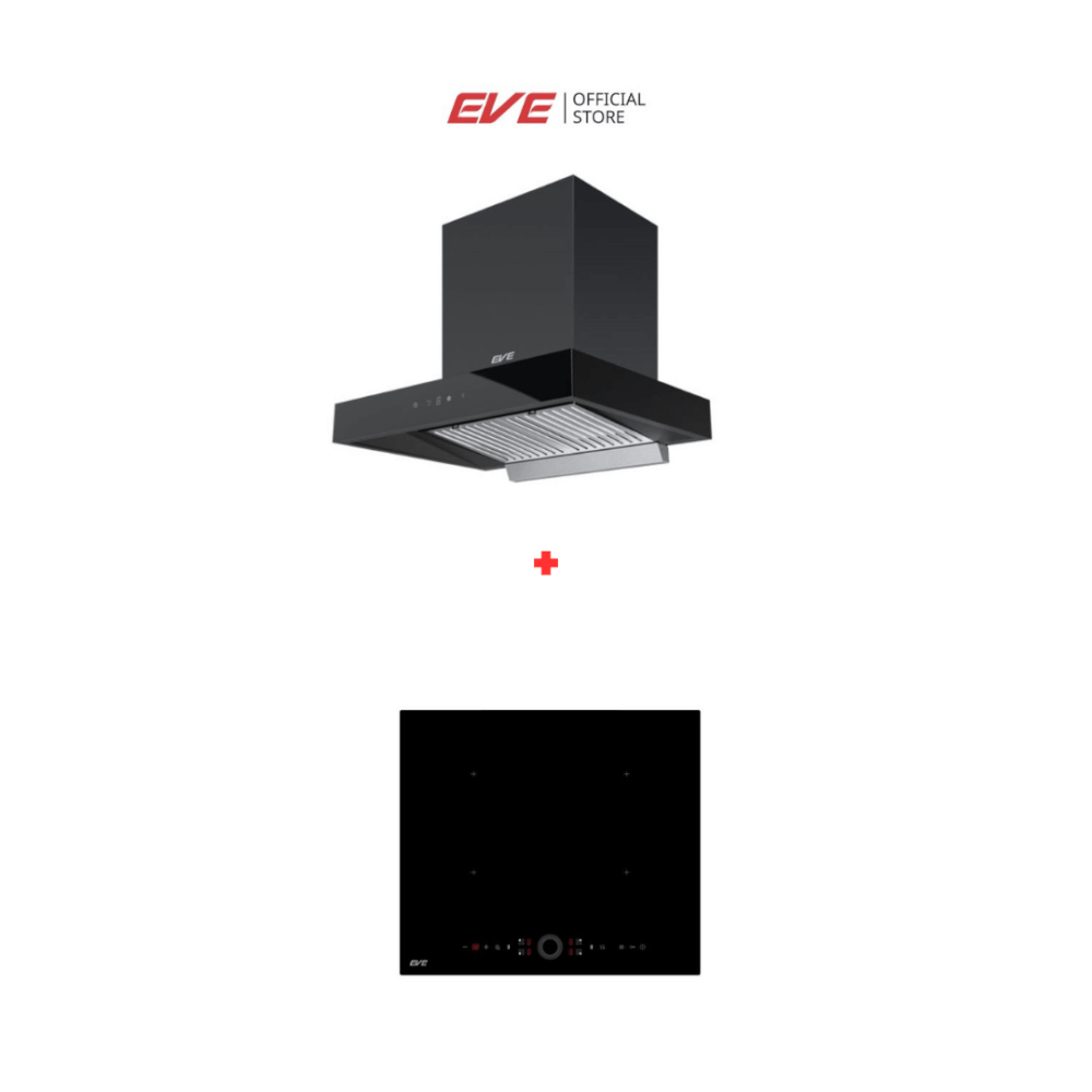 ชุดเซต เตาฝังแม่เหล็กไฟฟ้า 2 หัว + เครื่องดูดควันติดผนัง EVE รุ่น HB60-4INDBRIDGE/TCR + HC-LOFTBOX-60 ขนาด 60 ซม. สีดำ
